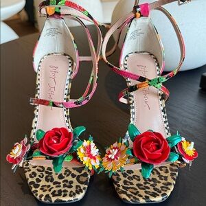 Betsey Johnson Multicolor Floral & Leopard Print Strappy Heels
